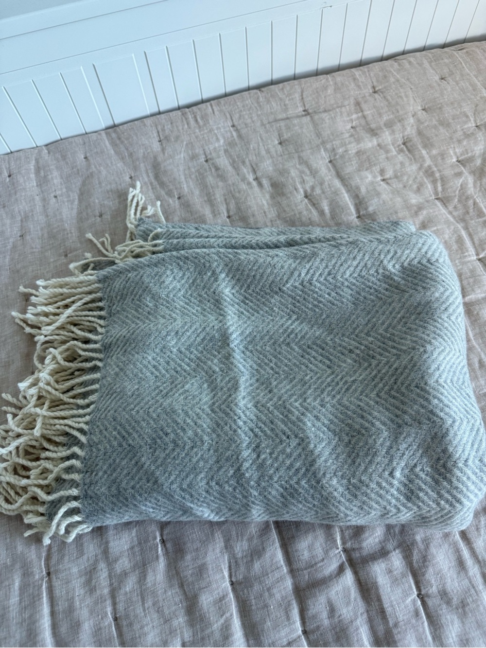 Woolsaur Herringbone Wool Throw Blanket with Fringe